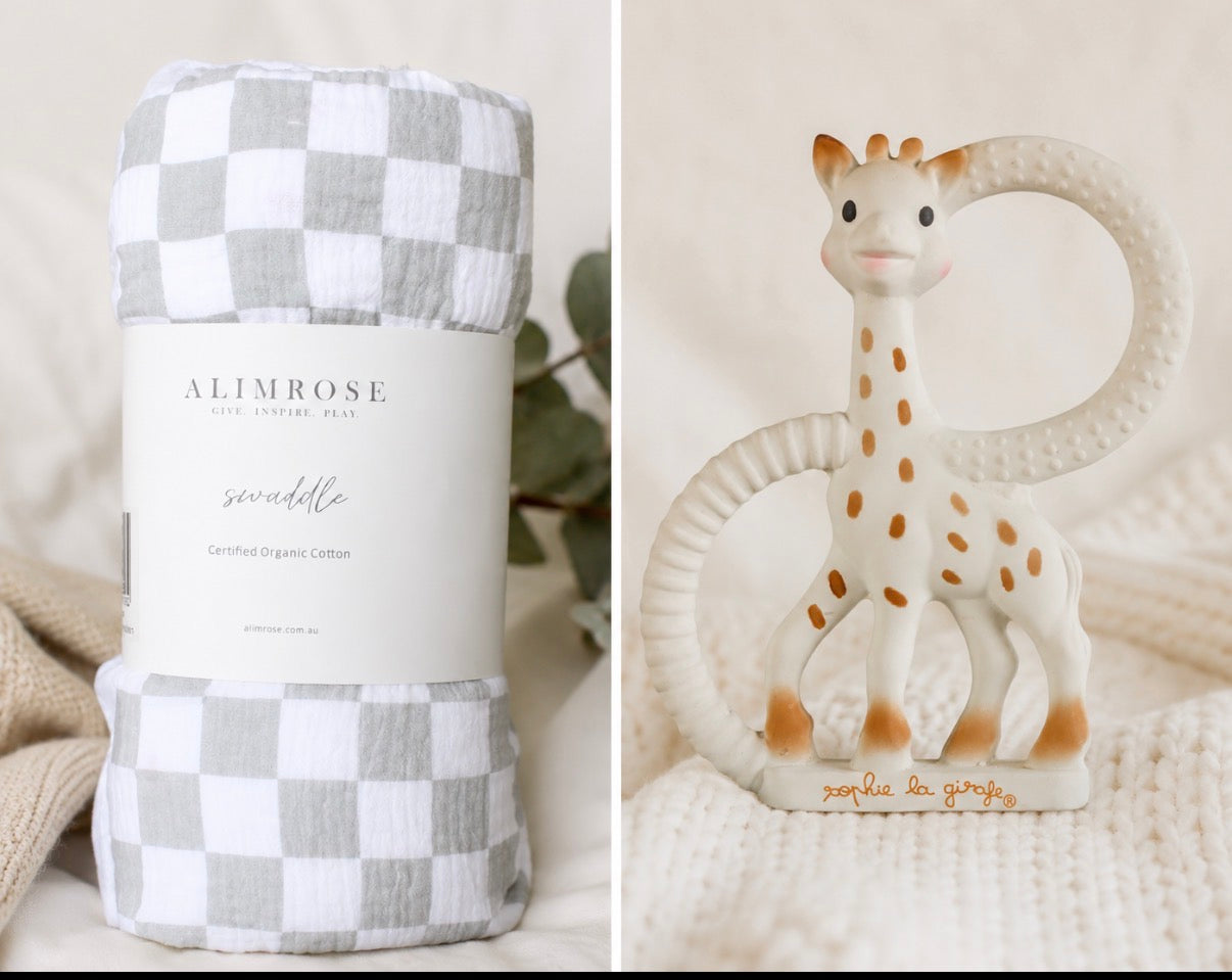 Alimrose Muslin Swaddle & Sophie Teether