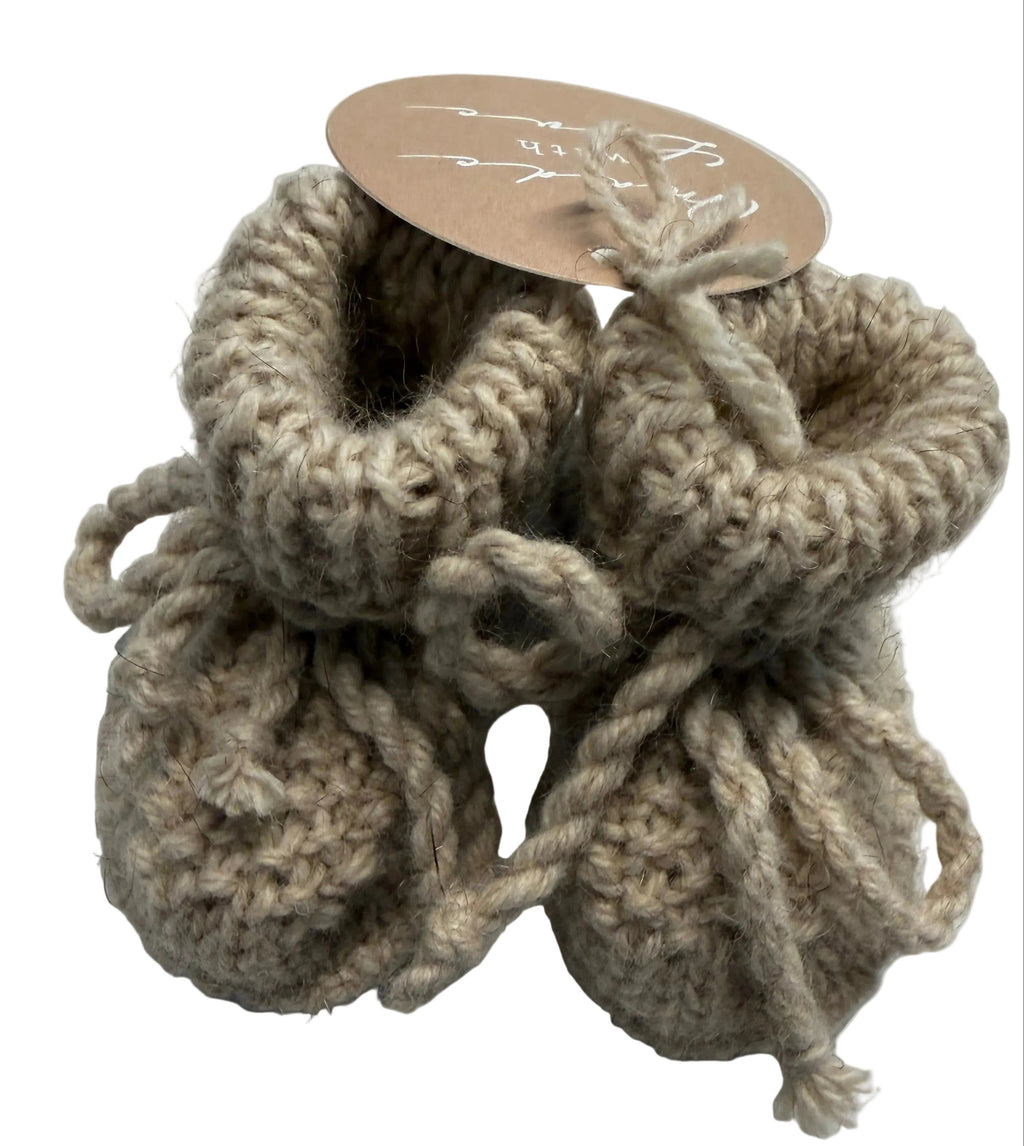 Hand Knitted Sheepskin Booties using Possum Merino Yarn 
