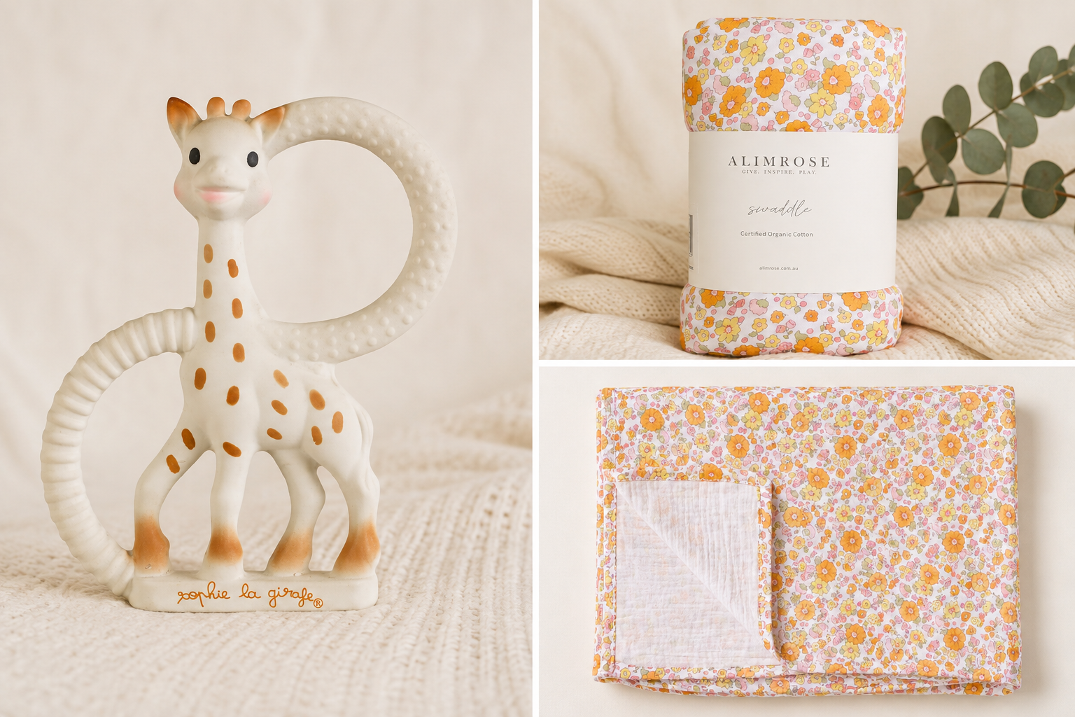 Alimrose Muslin Swaddle & Sophie Teether